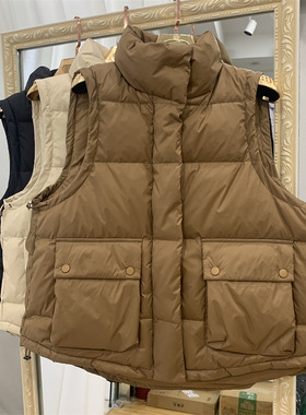 2024新款韩版荷叶边羽绒马甲女立领复古文艺白鸭绒宽松背心坎肩潮