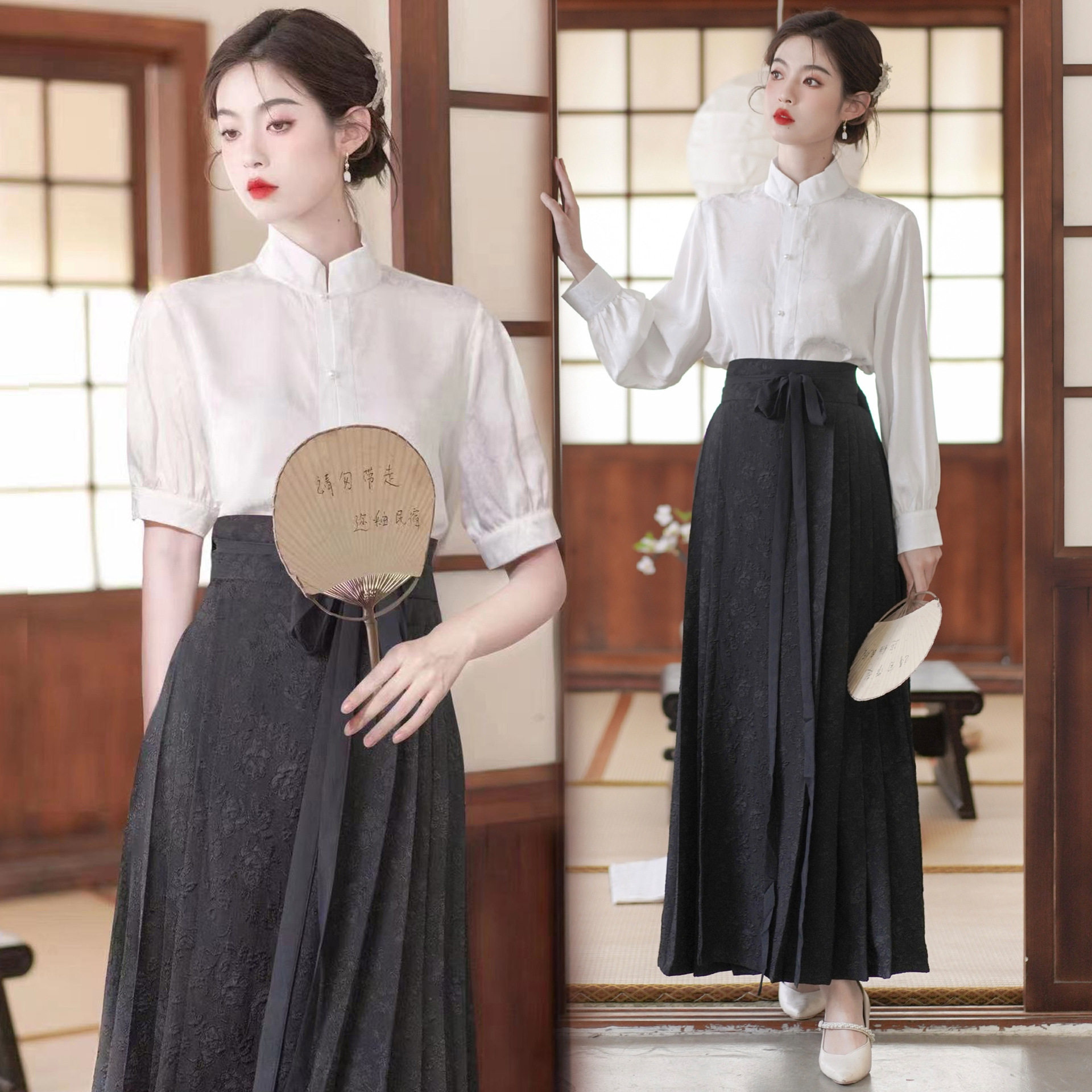 新中式国风裙子改良汉服女汉元素国风日常立领衬衫提花马面裙长裙