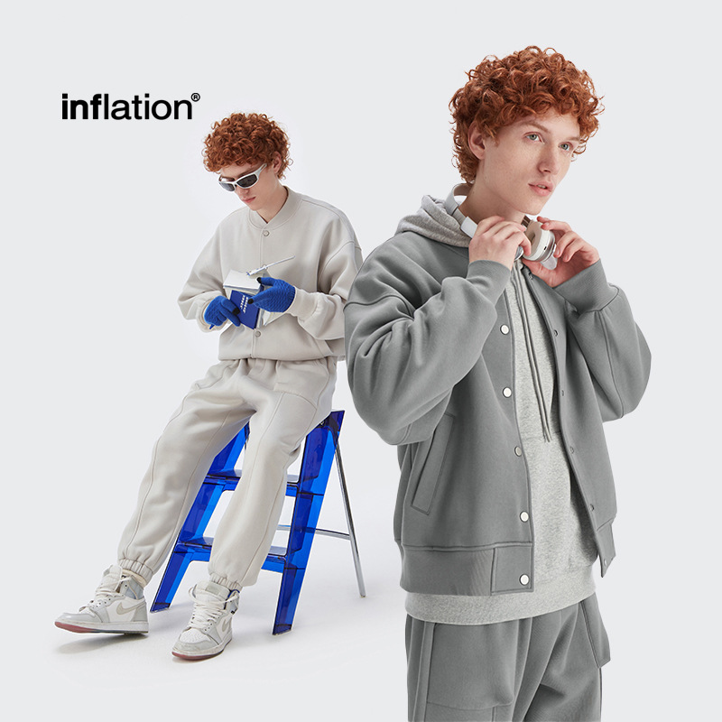 INF男装|350g克重加绒宽松棒球服2024秋冬罗纹纯色夹克男外套男