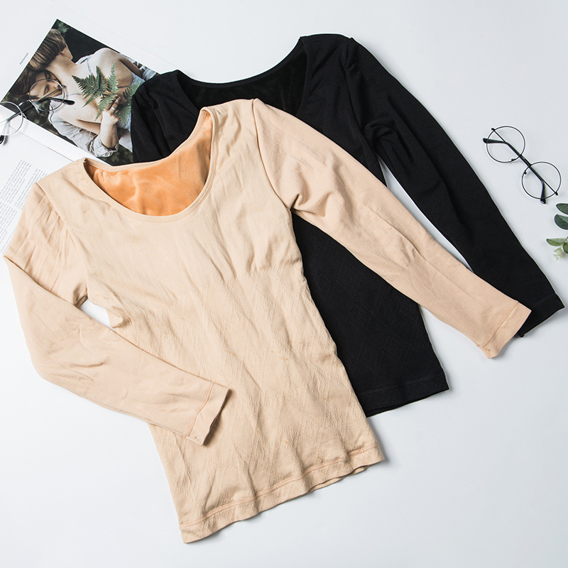 秋冬新款无缝保暖内衣女长袖加厚加绒圆领 修身显瘦美体打底上衣