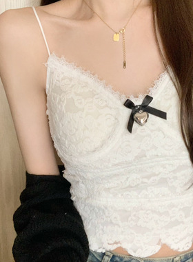2218#甜美辣妹蕾丝美背吊带背心女外穿蝴蝶结外穿内搭胸垫打底