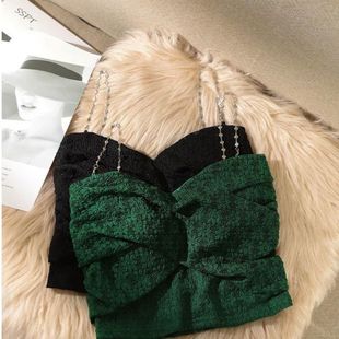 小吊带蕾丝背心女内搭短款 抹胸上衣 链条褶皱外穿性感打底法式