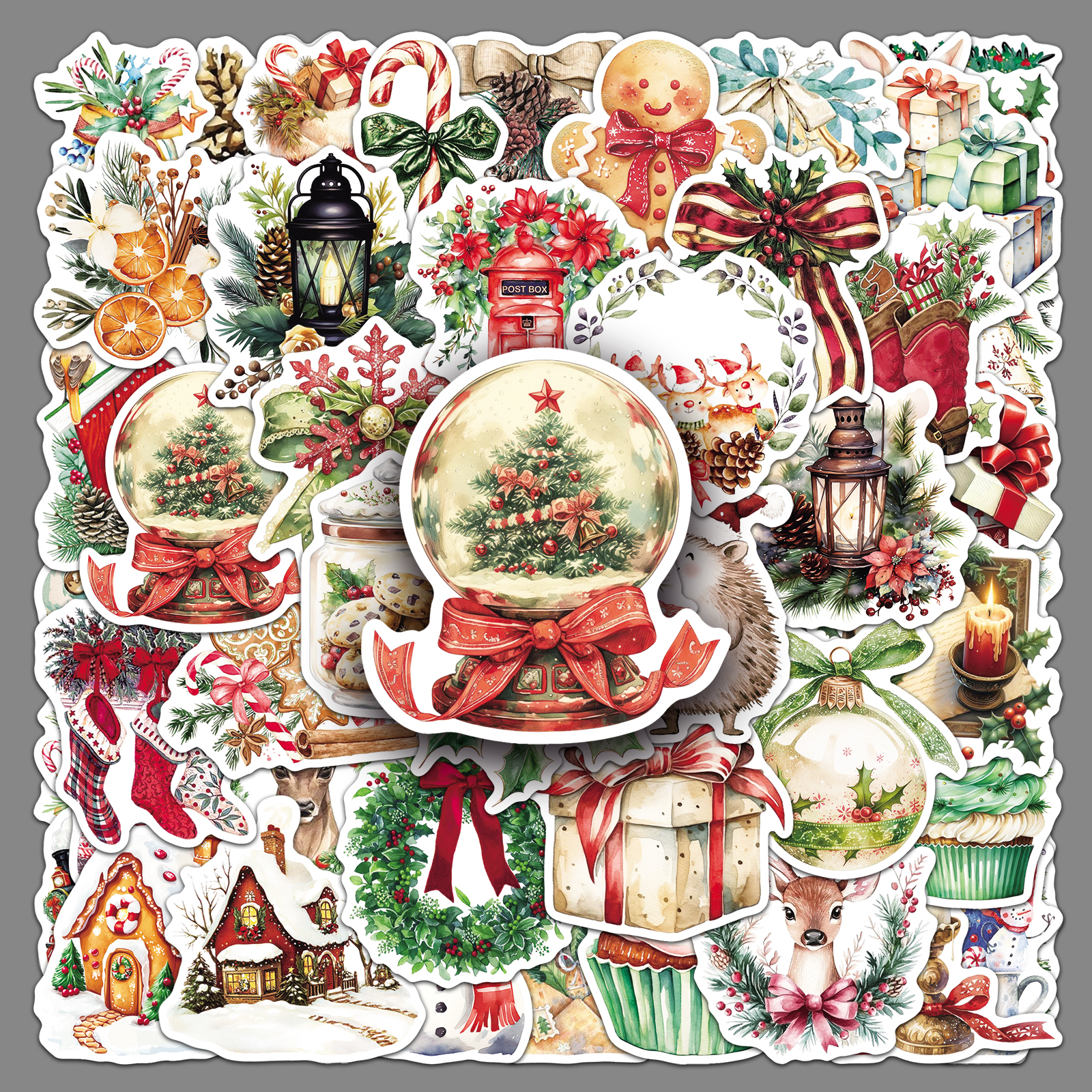 50张复古水彩圣诞贴纸艺术彩绘涂鸦防水装饰滑板车水杯手机壳贴纸