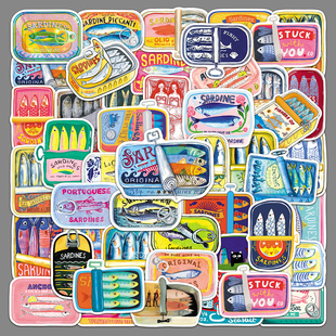 50张秋刀鱼罐头小贴画卡通手绘涂鸦防水装饰笔记本电脑行李箱贴纸
