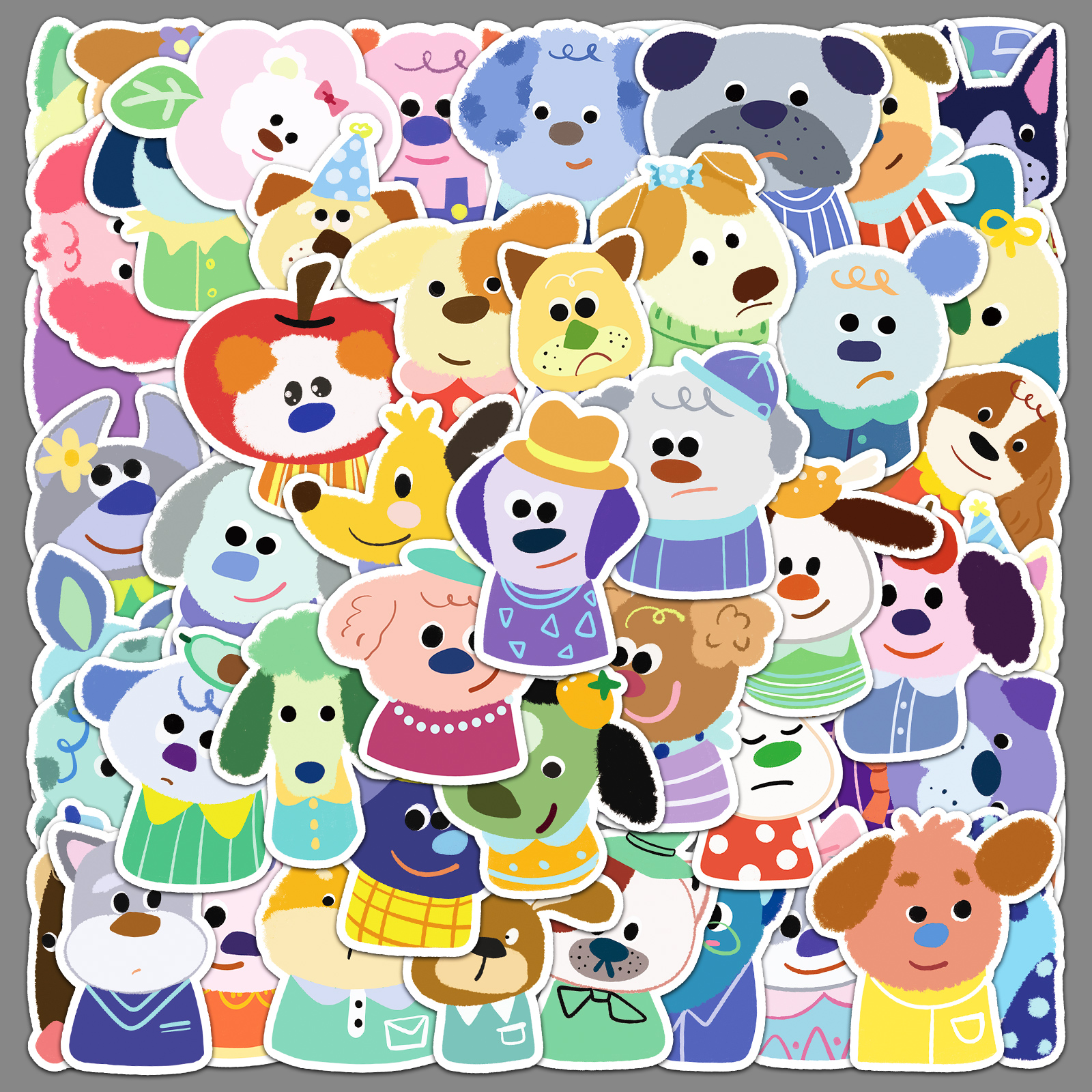 50张原创手绘小狗头像贴纸Kawai动物防水装饰自行车手机壳DIY贴纸