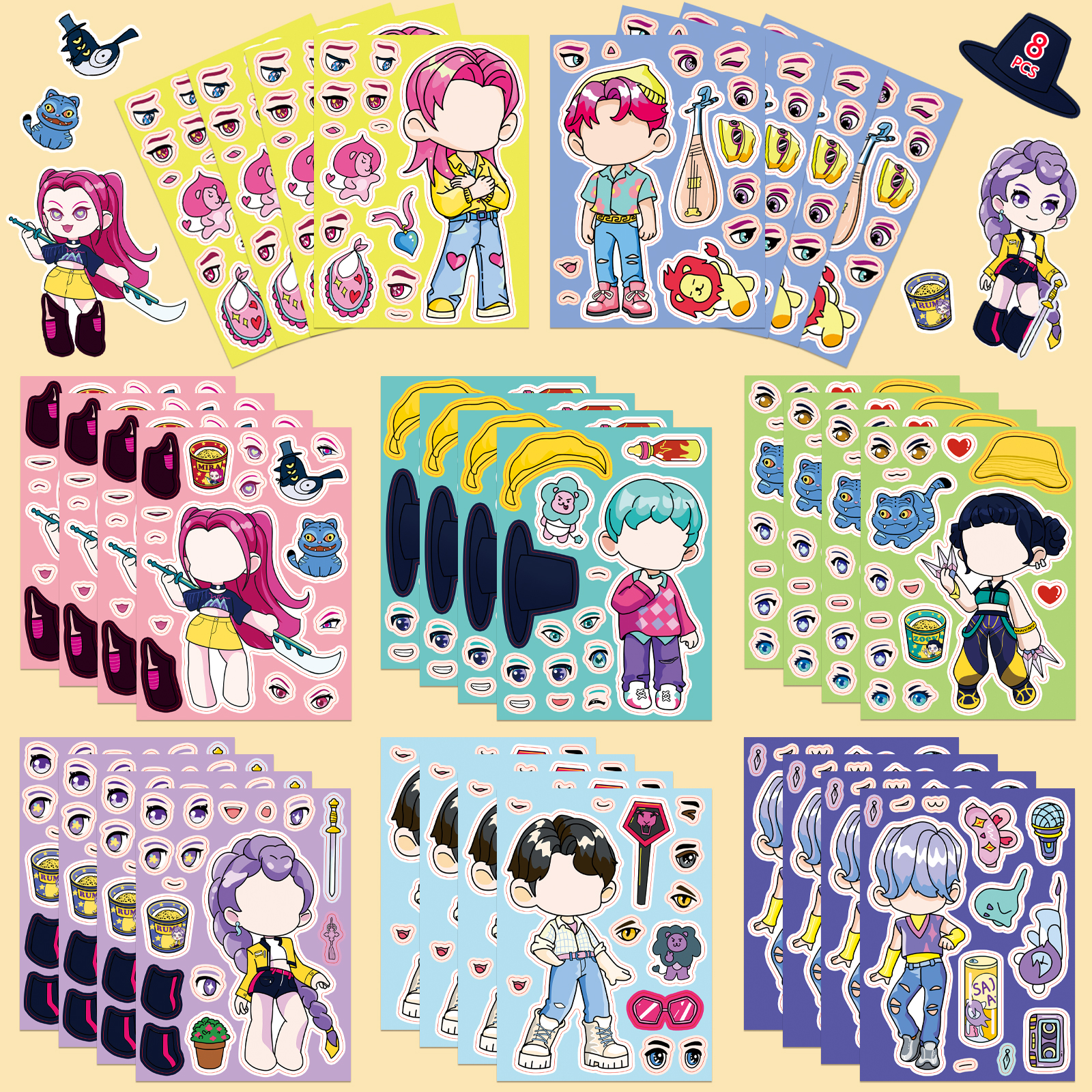 8张猎魔女团换脸拼图贴画Make a face亲子桌面游戏互动安静书贴纸