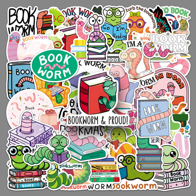 50张Book Worm贴纸卡通书虫防水装饰笔记本文具水杯耳机平板贴纸