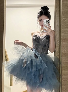 定制新款显瘦修身羽毛晚礼服舞会晚宴生日年会派对表演蓬蓬裙短款