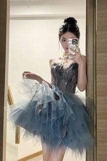 定制新款显瘦修身羽毛晚礼服舞会晚宴生日年会派对表演蓬蓬裙短款