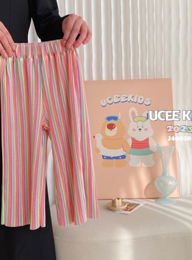 zz kids夏日新品韩国草红色条纹夏季防蚊裤休闲八分裤子下装女童