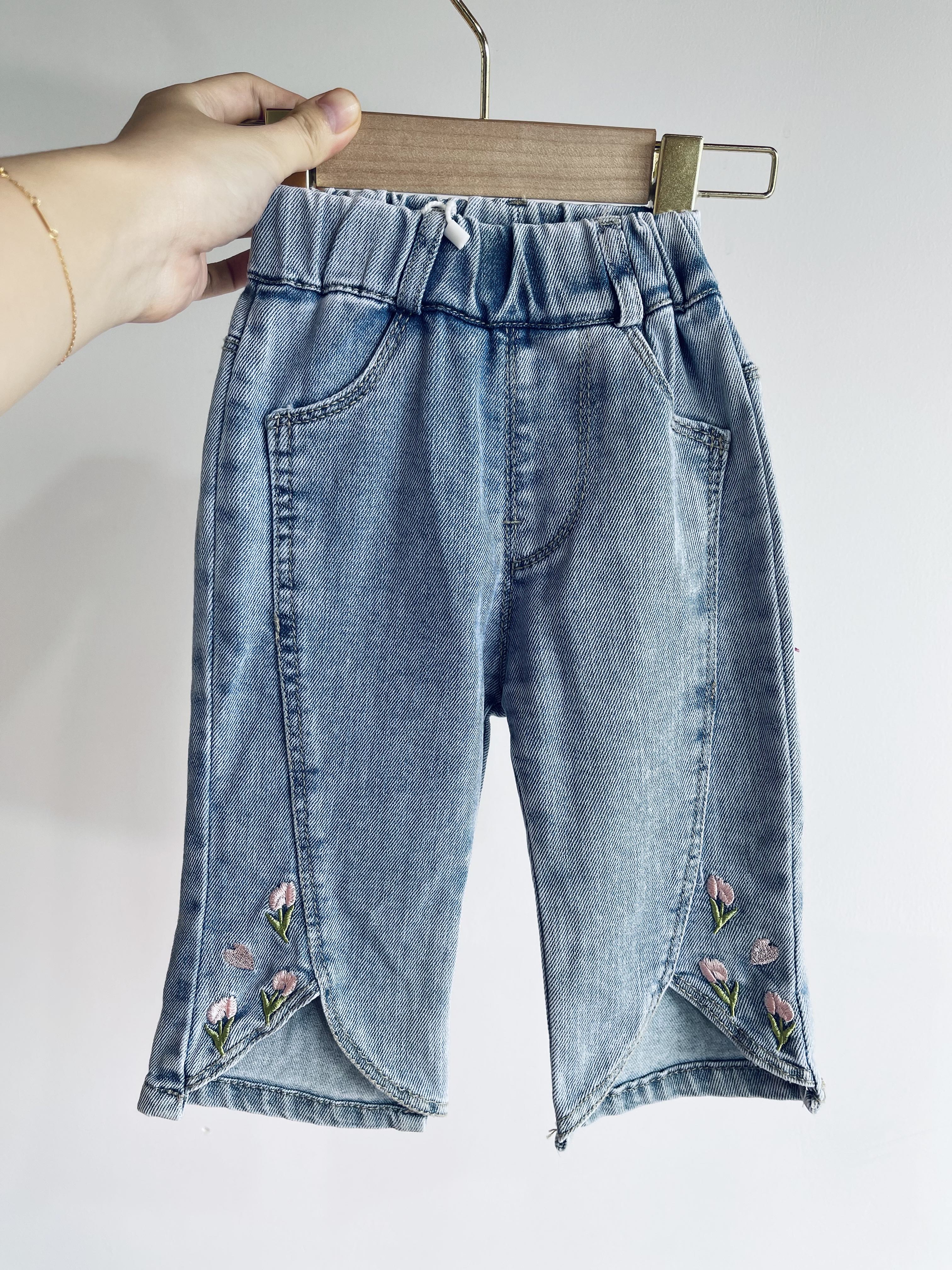 zz kids夏日刺绣小花郁金香开衩喇叭七分牛仔裤下装裤子女童