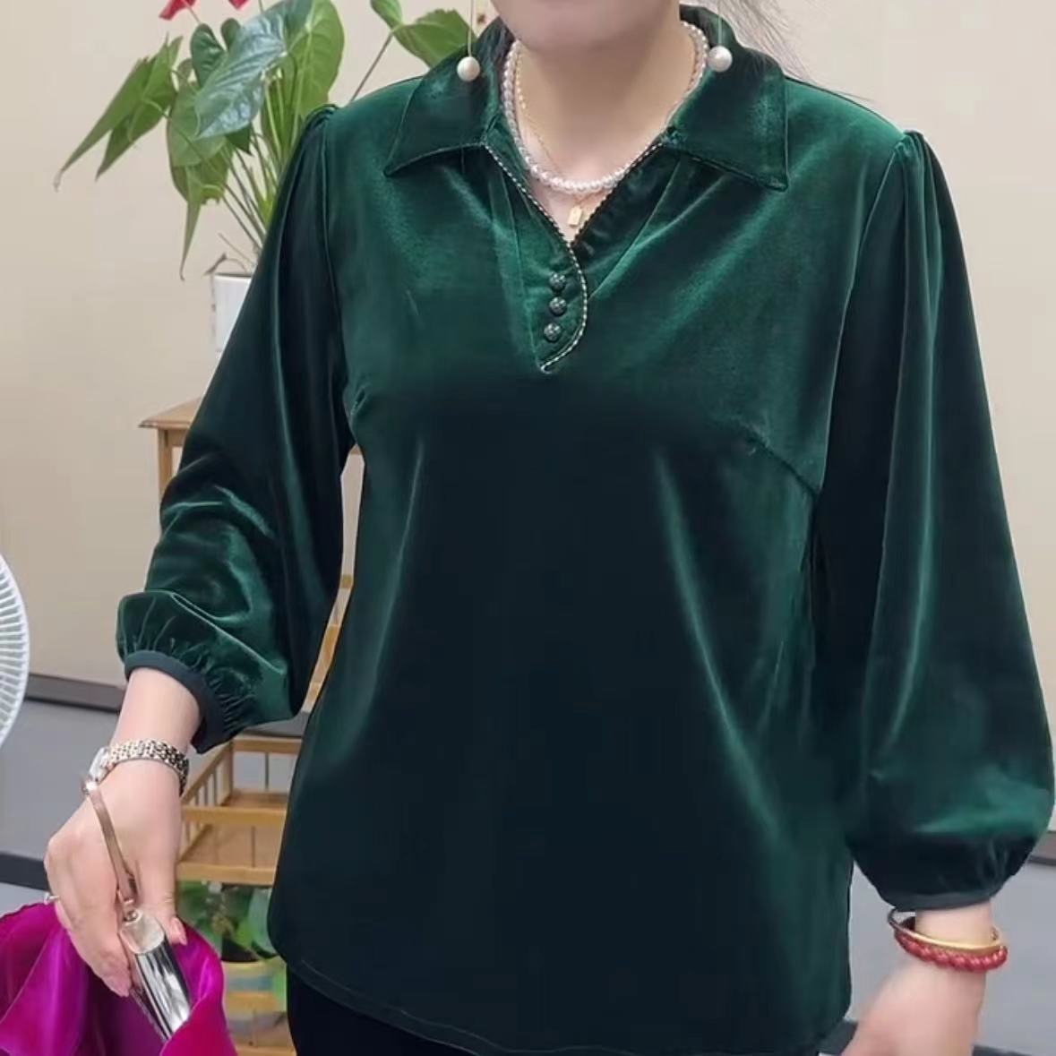 翻领丝绒中老年衬衫女装小衫气质高档纯色新款妈妈早秋宽松上衣