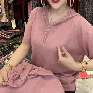 夏季女士连帽短袖针织衫宽松百搭薄款防晒上衣遮肚子显瘦套头T恤