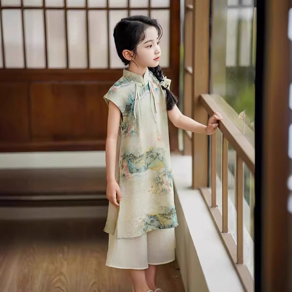 改良中國風兒童旗袍褲裙天絲