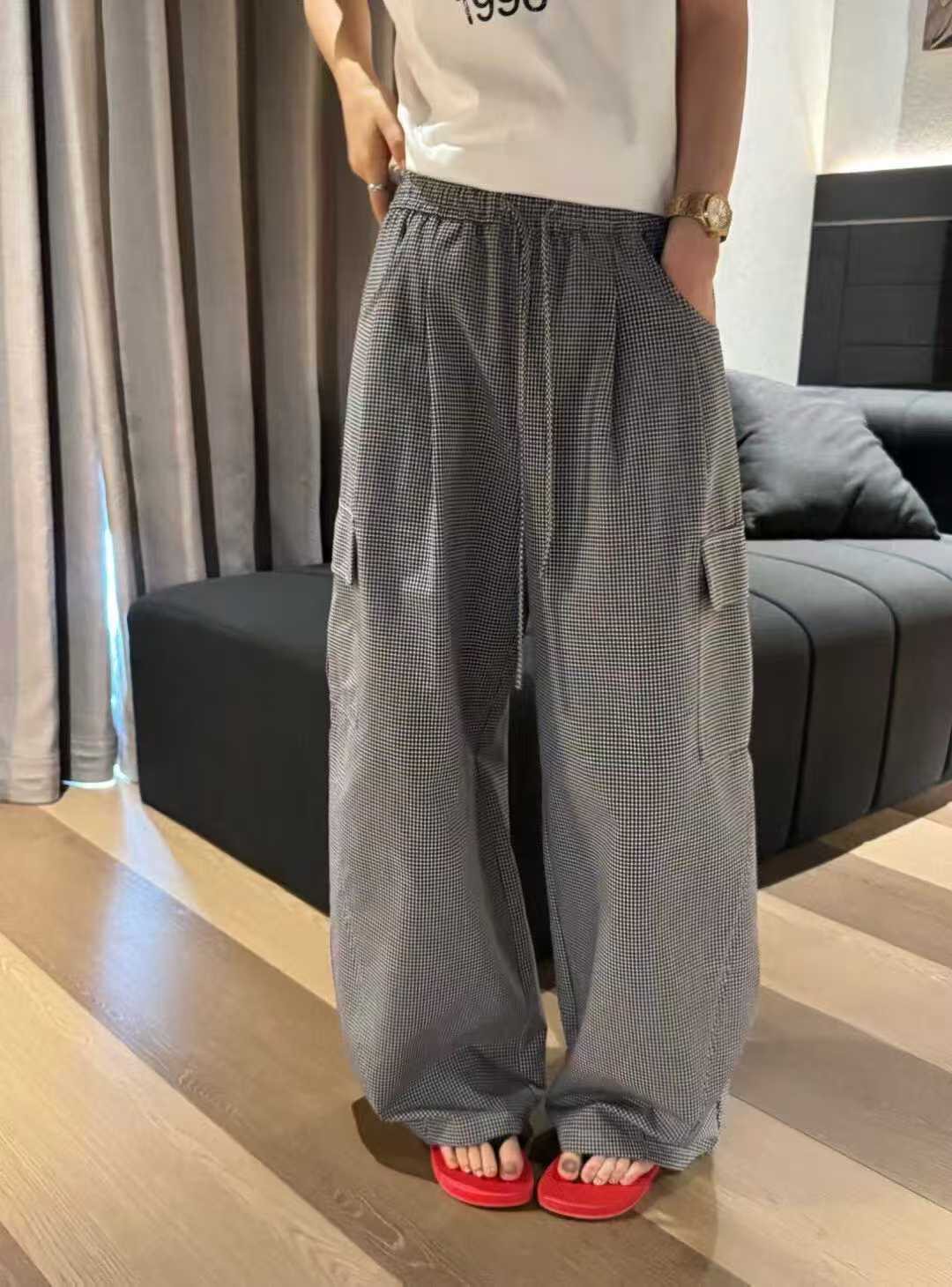 韩国货现货2026春季新款洋气松紧腰抽绳格子工装裤休闲束脚卫裤女
