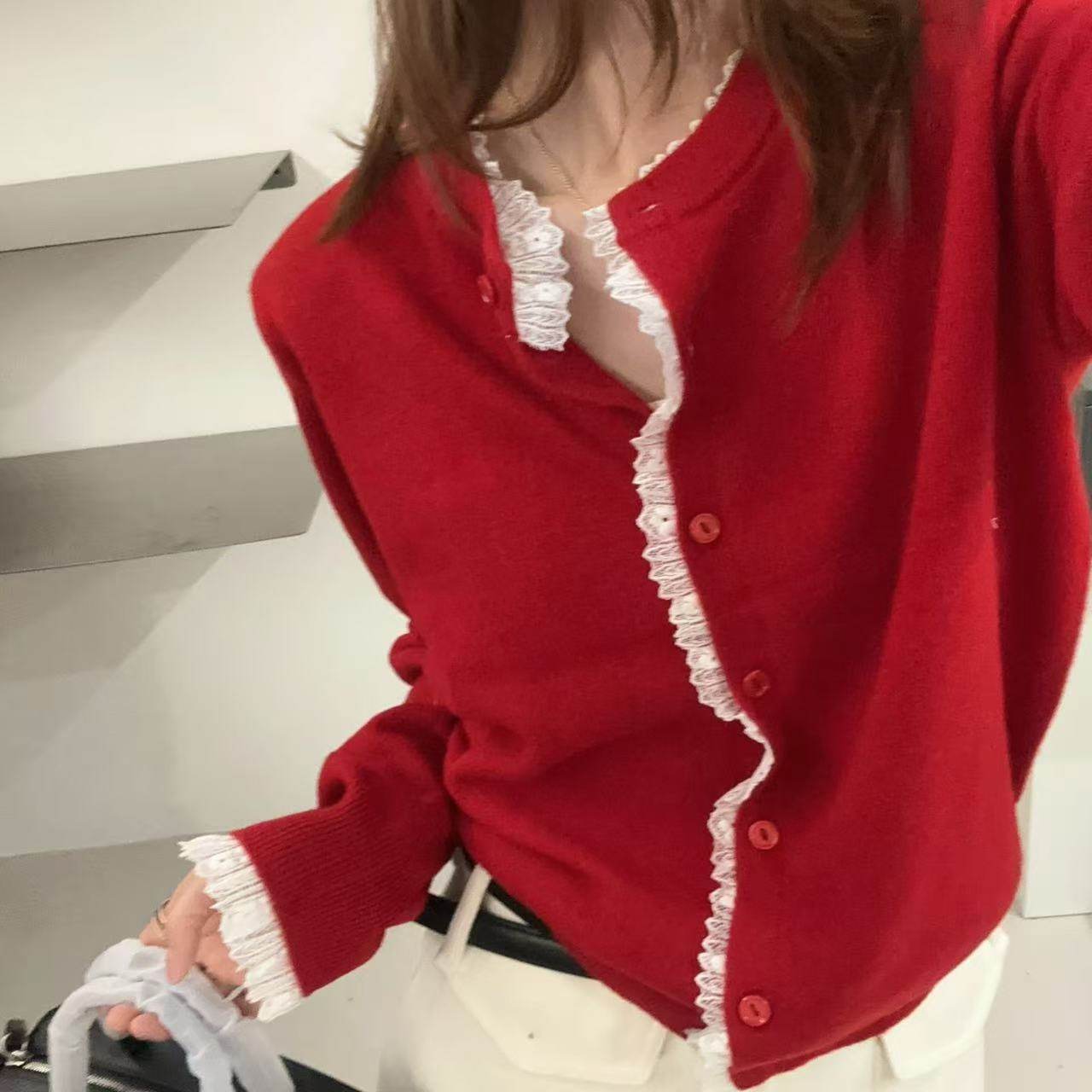 韩国货现货2025冬季新款洋气蕾丝拼接毛衣开衫宽松百搭羊毛针织衫,女装/女士精品,毛针织衫,淘宝优惠券,粉丝福利购,淘宝优惠卷