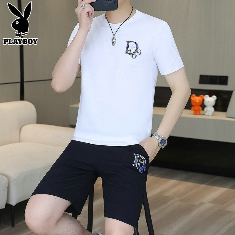 花花公子轻奢短袖套装男士夏季薄款休闲短裤潮流搭配帅气运动一套