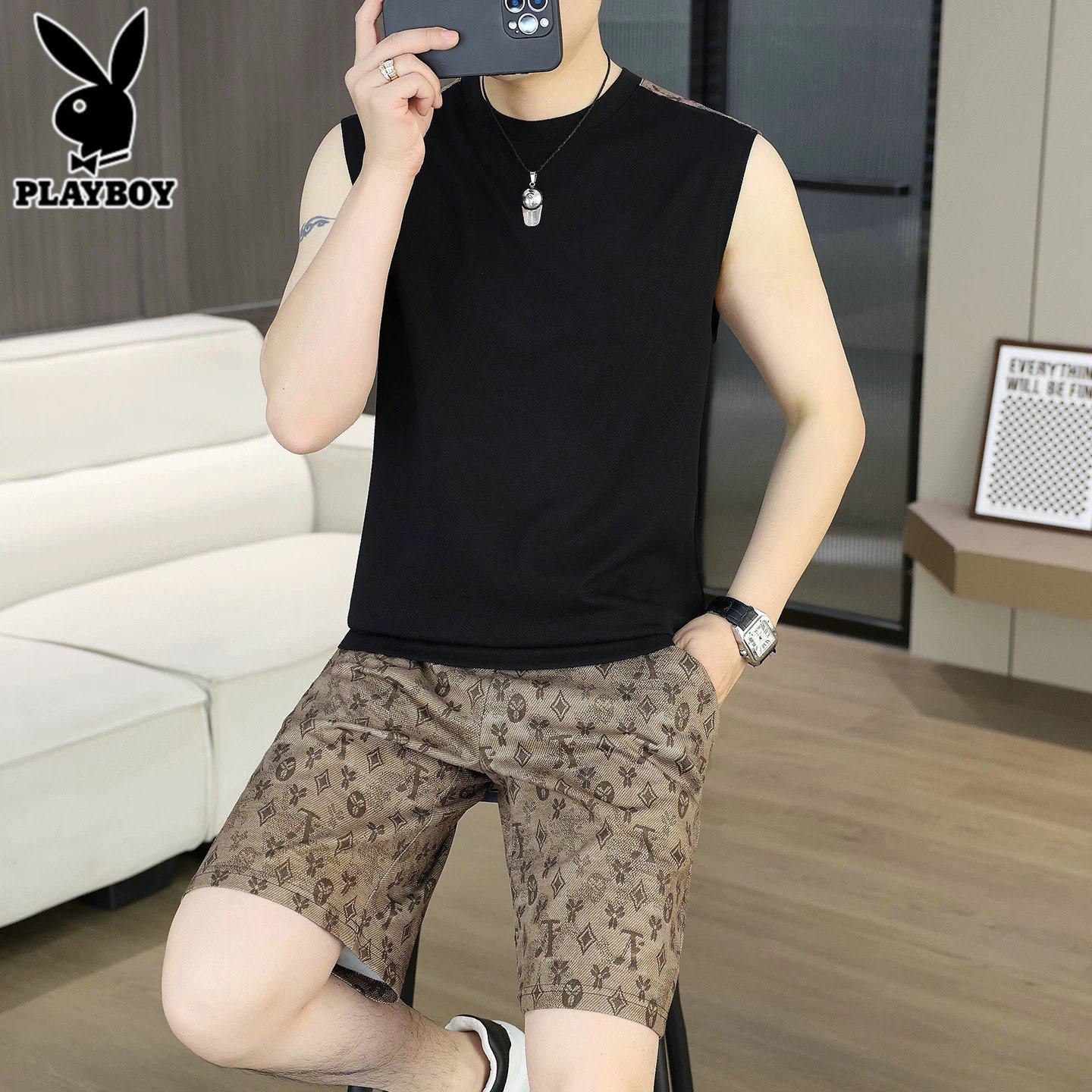 花花公子2026新款休闲套装男士夏季潮流无袖背心搭配运动短裤一套