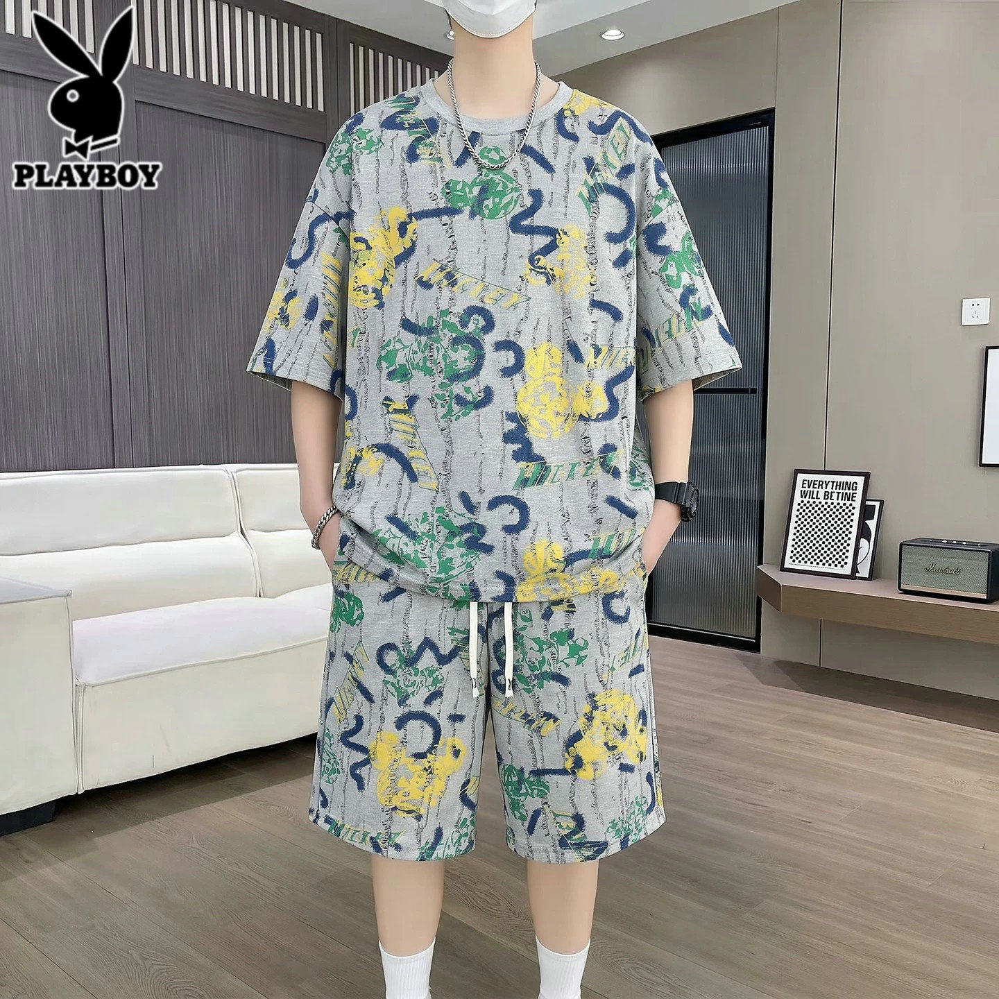 花花公子休闲运动套装男士2026年夏季潮流短袖T恤短裤穿搭一套男