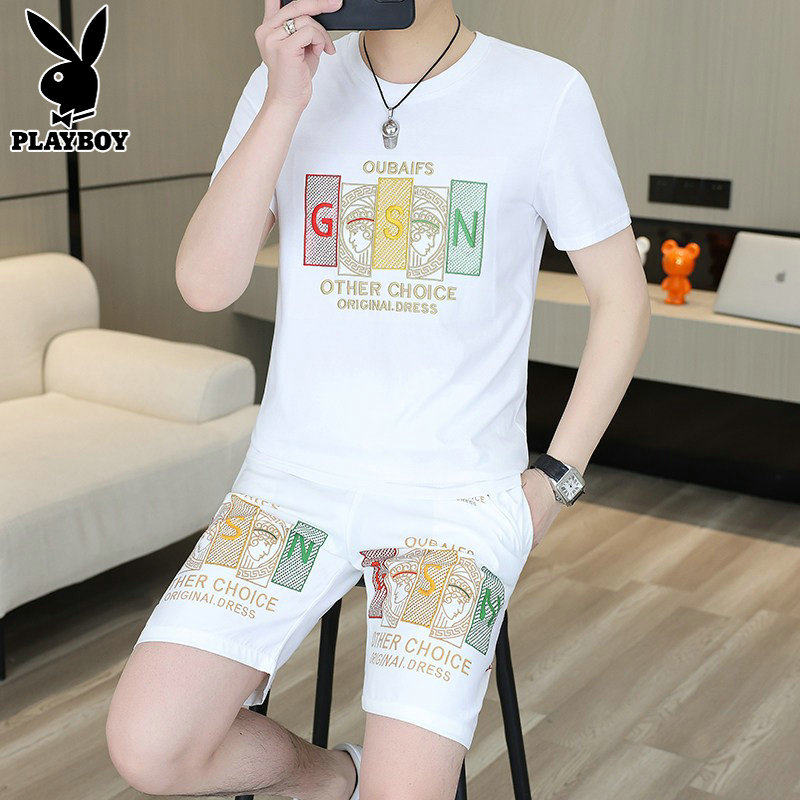 花花公子轻奢短袖休闲套装男士运动服新薄款凉感短裤夏季t恤一套