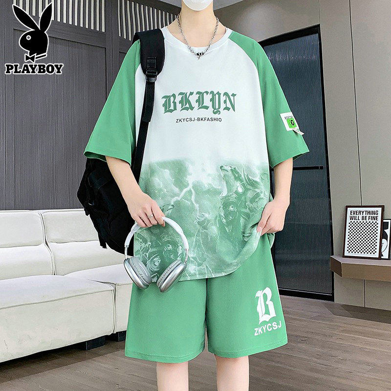 花花公子休闲初高中学生套装夏季潮2026新款大童男孩短袖短裤一套
