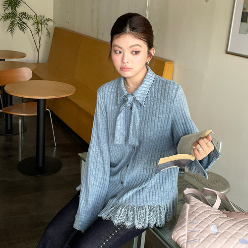 大码胖mm宽松法式小香风衬衫春秋时尚韩版蕾丝拼接设计感长袖上衣