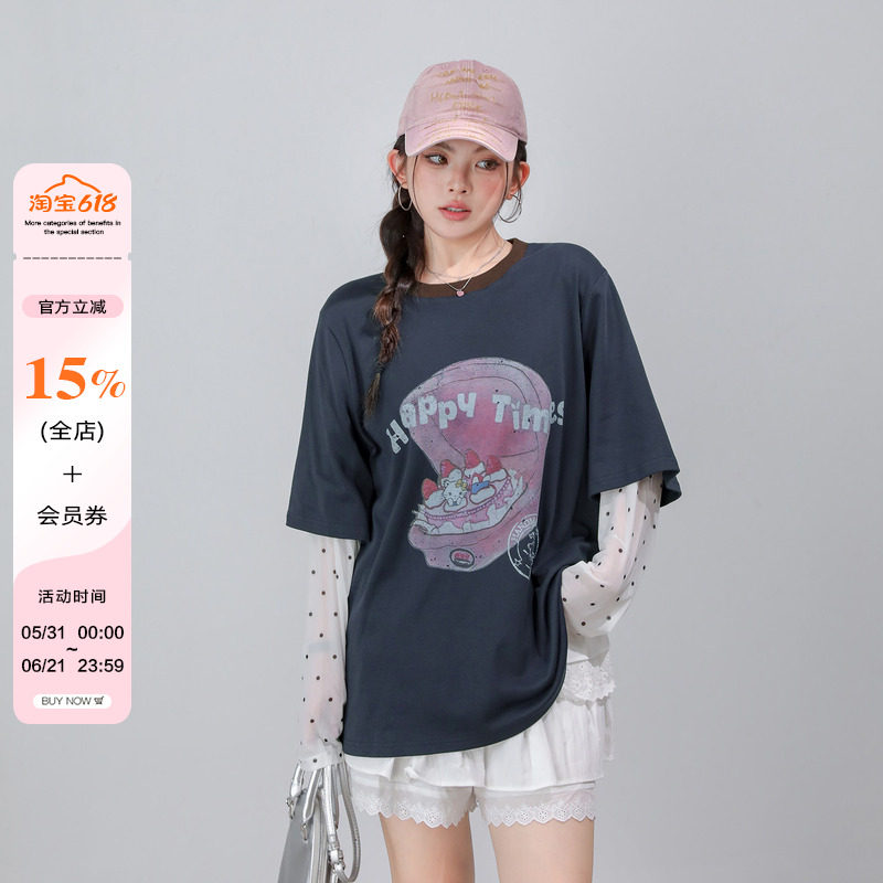 大码女装时尚波点拼接防嗮长袖T恤女夏季薄款胖mm显瘦假两件上衣