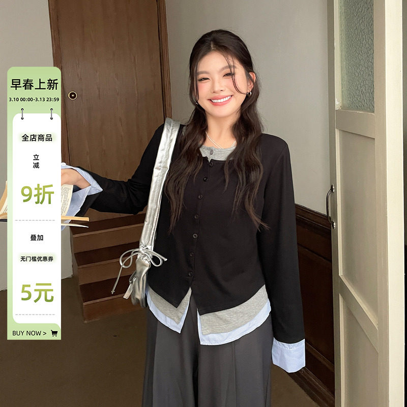 2026春季大码新款炸街独特漂亮长袖上衣胖mm正肩巨显瘦遮肚针织衫