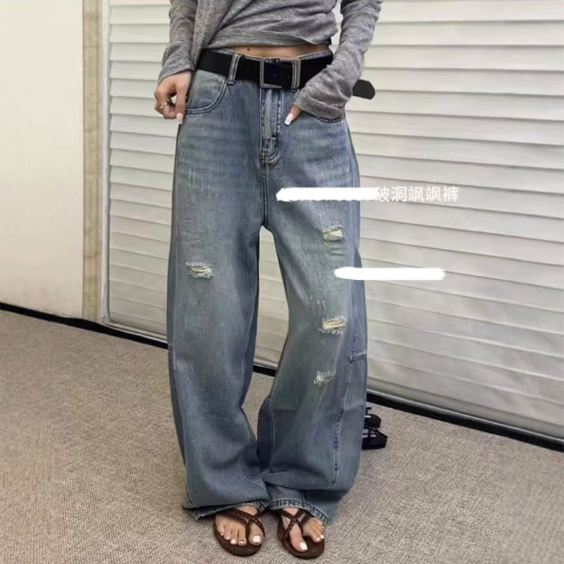 2025夏季新款设计感破洞牛仔裤胖mm大码女装韩版高腰显瘦垂感裤子