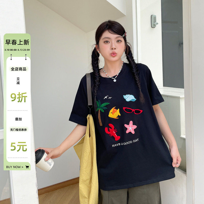 大码女装2025新款夏季短袖胖mm显瘦遮肚子刺绣宽松t恤设计感上衣