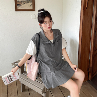 夏季女时尚洋气时髦套装胖mm休闲运动假两件短袖大码显瘦工装裙裤