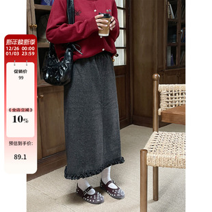 大码 胖mm炸街独特漂亮木耳边a字裙子秋冬加绒显瘦遮肚直筒半身裙