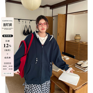 胖mm时尚 2026秋春季 连帽卫衣韩系慵懒风大码 女装 拼接蕾丝外套 新款