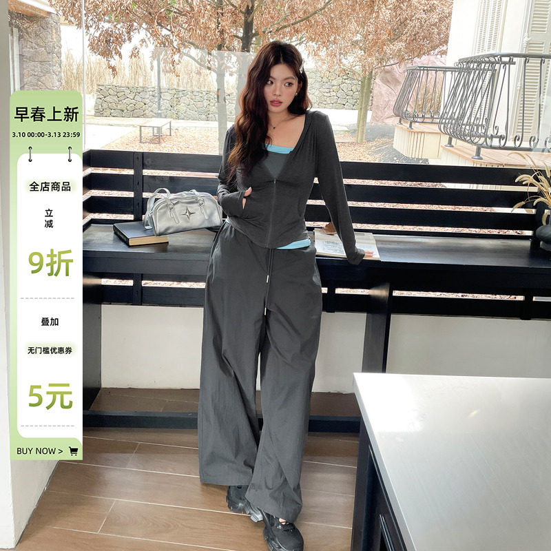 韩系早秋穿搭套装女大码胖mm独特超好看背心外套遮肉休闲裤三件套