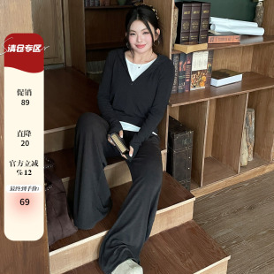 胖mm韩系早秋穿搭套装 宽松显瘦休闲连帽卫衣遮肉阔腿长裤 女装 大码