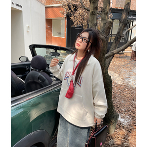 2024早秋新款美式慵懒风chic卫衣大码女装胖mm半拉链宽松情侣上衣