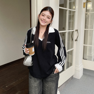 学院风美式 大码 显瘦上衣 T恤早春新款 2026条纹v领正肩长袖 春装 女款