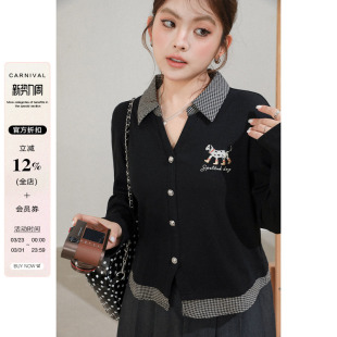 胖mm绝美显瘦针织上衣 衬衣大码 2026早春新款 格纹polo领假两件长袖