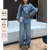 设计感显瘦带钻爆闪阔腿裤 春款 子 女大码 2026满天星烫钻重工牛仔裤