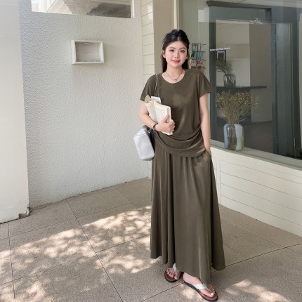 大码女装夏季胖mm韩系慵懒chic套装时尚洋气减龄显瘦遮肉两件套