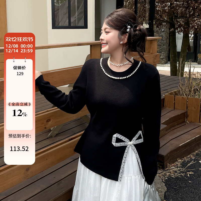 大码女装独特别致漂亮早秋开叉掐腰上衣胖mm显瘦蝴蝶结蕾丝针织衫