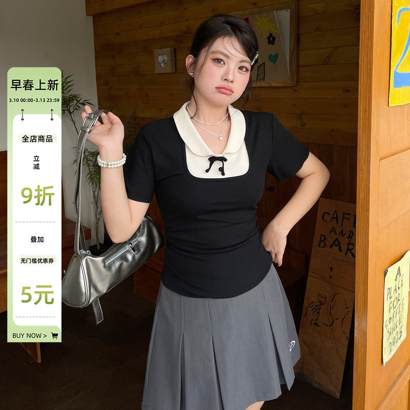 小众极简韩系穿搭大码夏季正肩超好看t恤女胖mm独特漂亮掐腰上衣