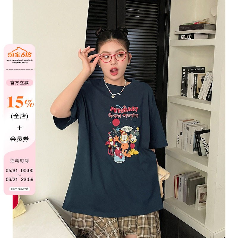 2026春装新款女装韩系卡通印花短袖t恤大码胖mm落肩宽松休闲上衣