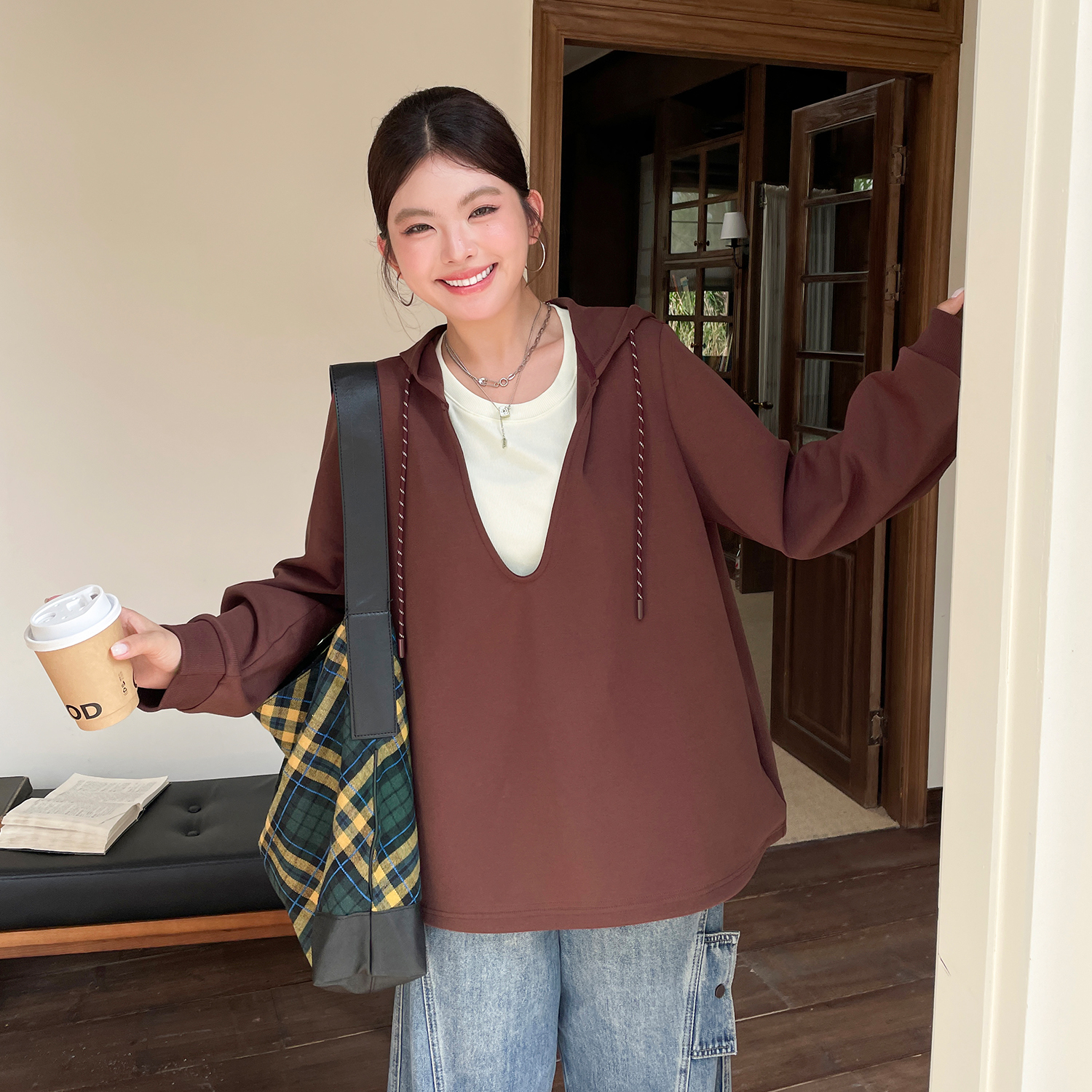 小草宽松定制巨好看设计感假两件上衣女秋冬大码胖mm正肩显瘦卫衣