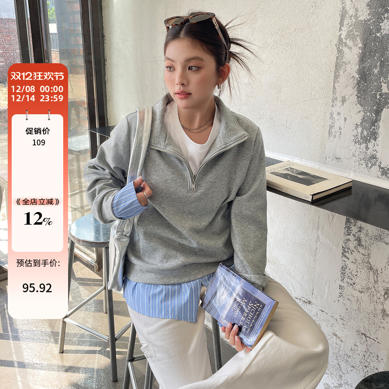 韩里韩气设计感假两件上衣特大码女装胖mm半拉链显瘦正肩洋气卫衣