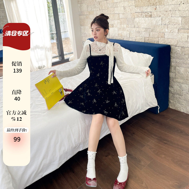 大码女装胖mm韩系绝美小套装秋冬装独特漂亮蕾丝打底连衣裙两件套