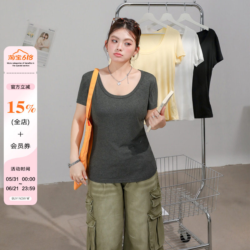 大码胖mm又a又飒正肩巨显瘦遮肉夏季薄款上衣巨好看u领短袖t恤女