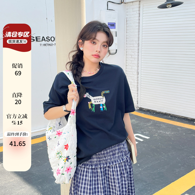 夏装女装2025新款独特超好看短袖t恤胖mm大码韩系宽松设计感上衣