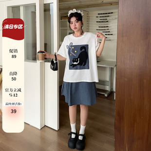 韩系慵懒松弛感t恤大码 洋气时髦套装 胖mm超显瘦半身裙 女时尚 夏季