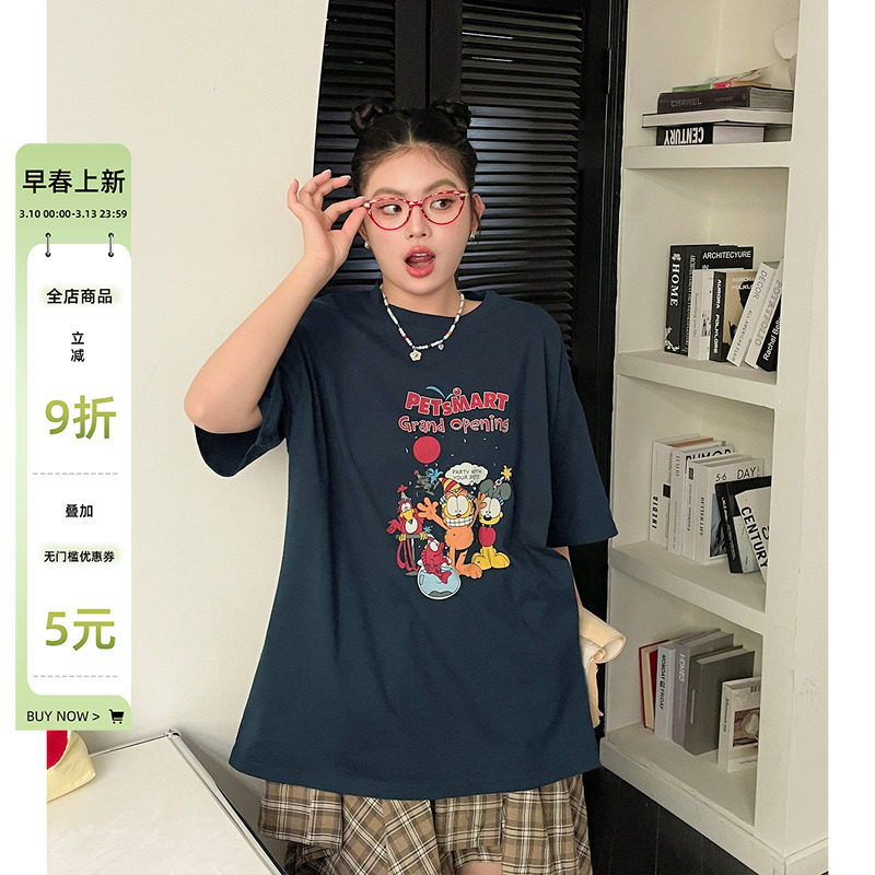 2026春装新款女装韩系卡通印花短袖t恤大码胖mm落肩宽松休闲上衣